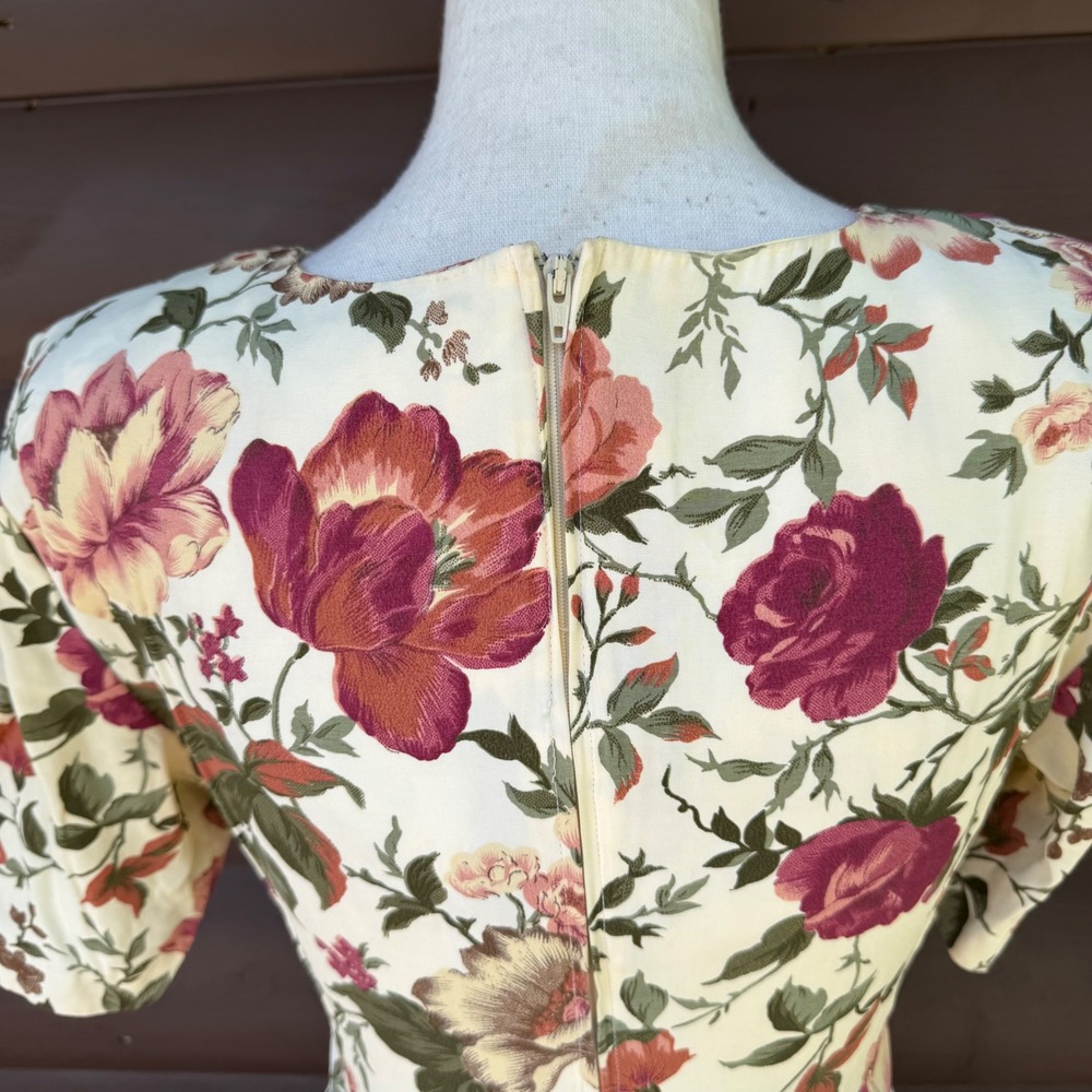 Vtg Paris Sport Club Floral Midi Dress Womens 7/8 Cream Pink 90s Lace Up Waist - Picture 6 of 10